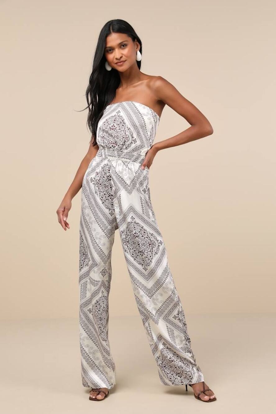 NWT Lulus Western Direction Ivory Scarf Print Satin Strapless Jumpsuit Cruise L